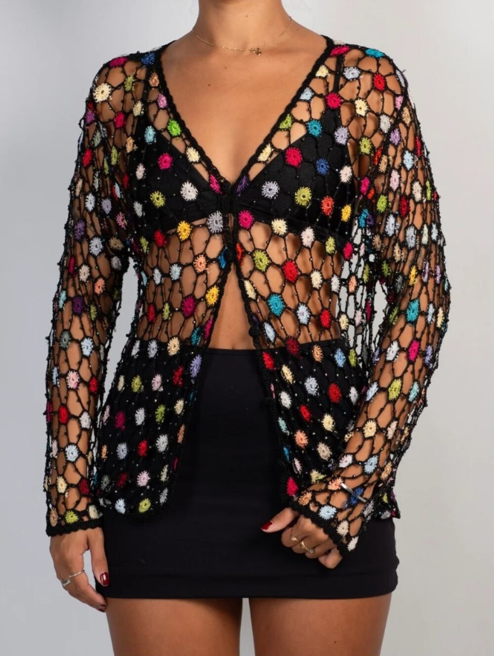 Vintage Black Open Knit Cardigan with Beads Multicolor Pom Accents And